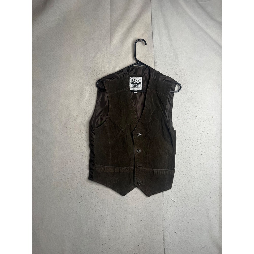 Basic Editions Mens Brown Leather Vest Small Button Front Western Cinch Back
